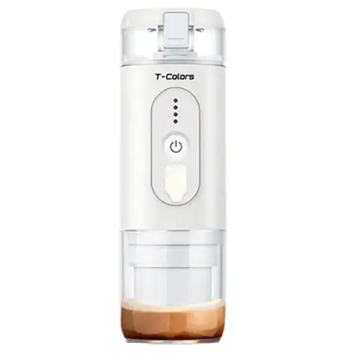 White t-colors electric coffee maker with transparent sections and a power button.