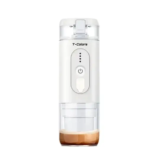 White t-colors portable espresso maker with transparent sections and a power button.