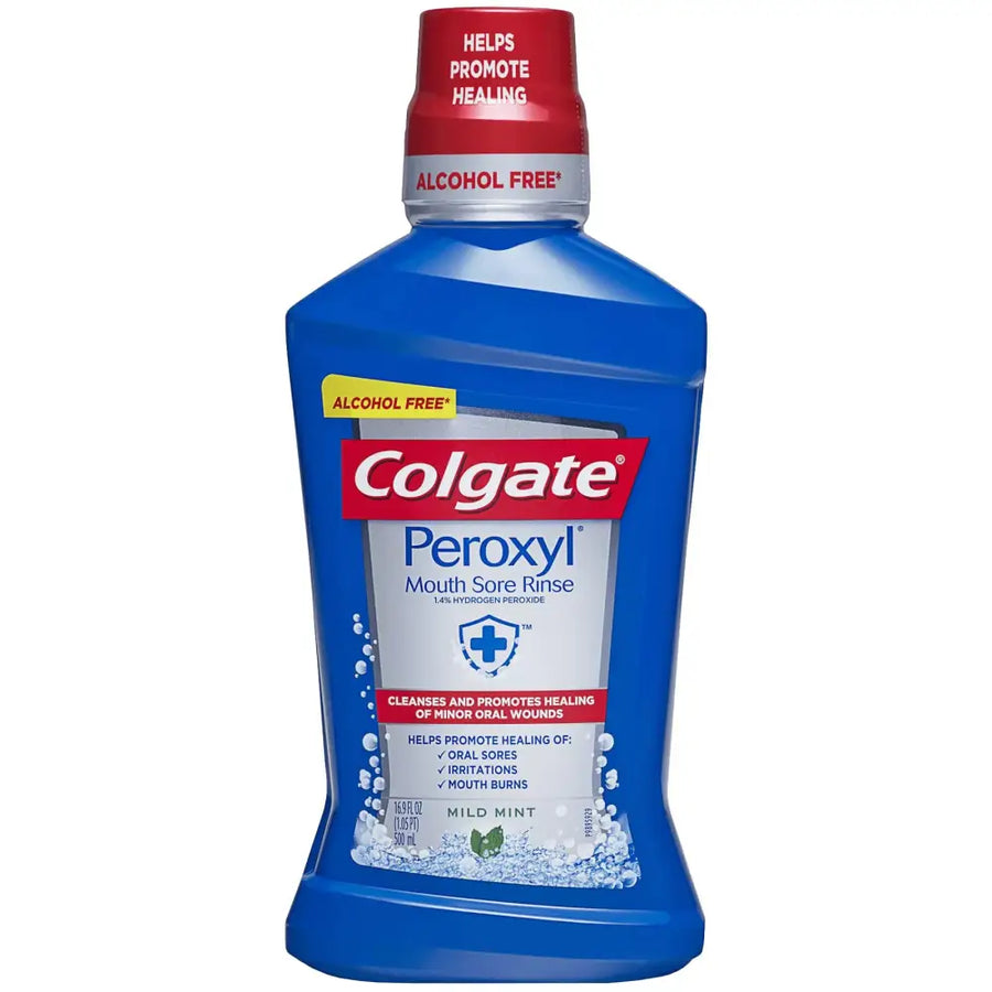 Blue colgate peroxy1 mouth sore rinse bottle with a red cap and white label detailing its alcohol-free, mild mint flavor.