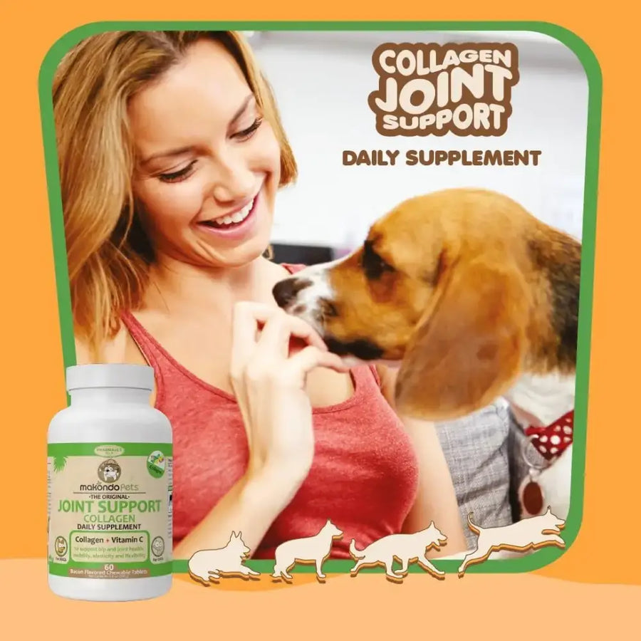 White plastic bottle of mankind pets collagen joint support daily supplement with green label and white cap.