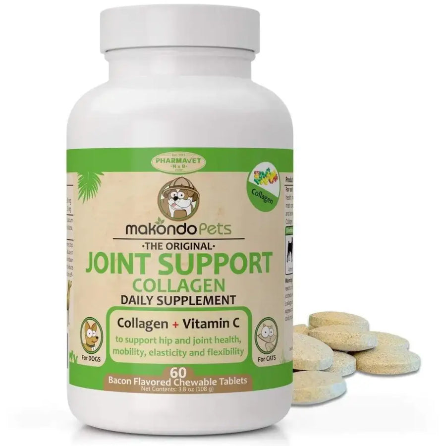 White plastic bottle of makondo pets joint support collagen daily supplement with green and beige label, featuring bacon-flavored chewable tablets for dogs and cats.