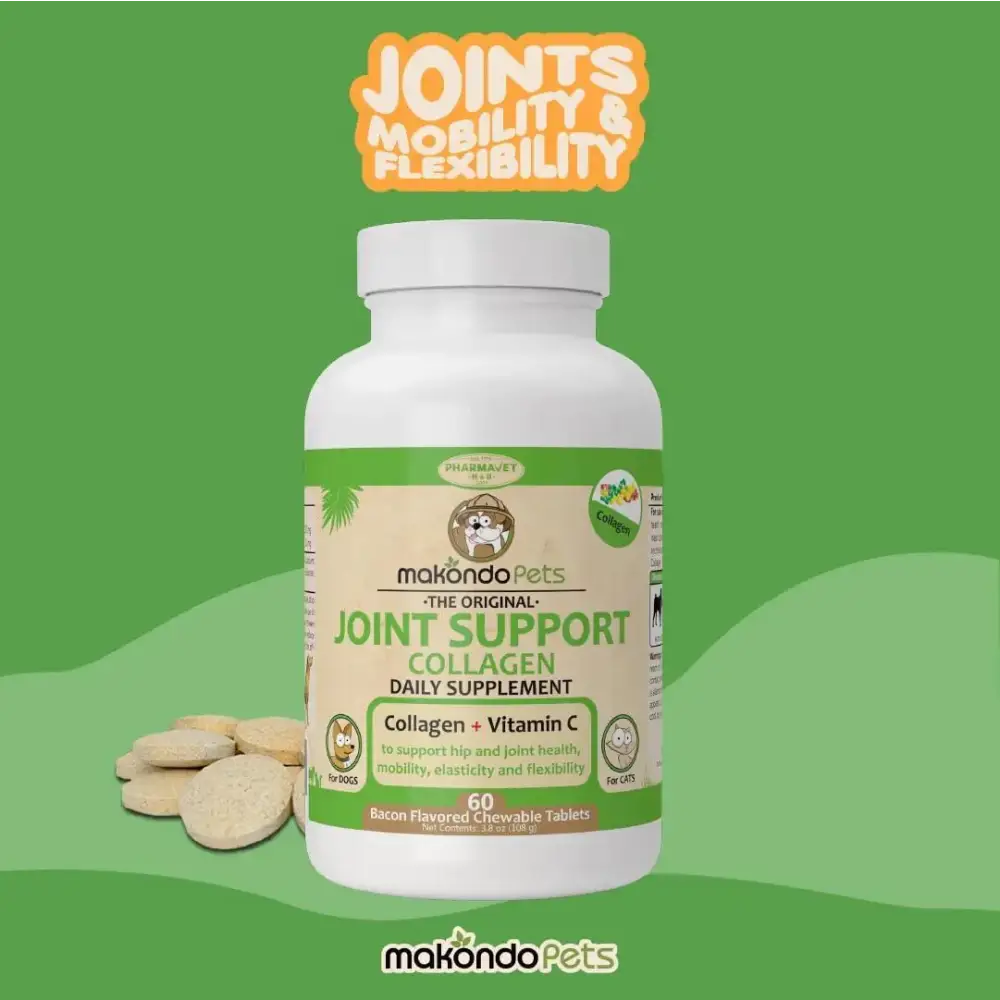 White plastic bottle of makondopets joint support collagen daily supplement with green label and bacon-flavored chewable tablets.