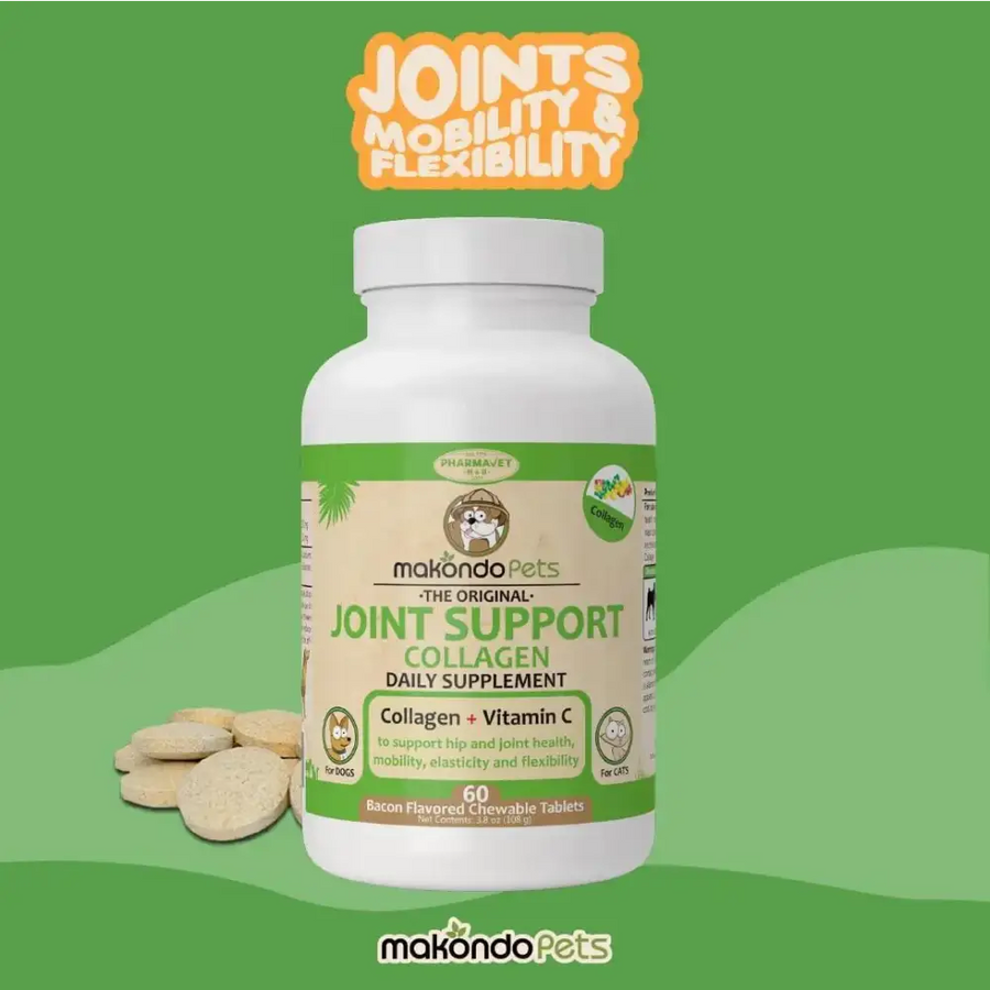 White plastic bottle of makondopets joint support collagen daily supplement with green label and bacon-flavored chewable tablets.