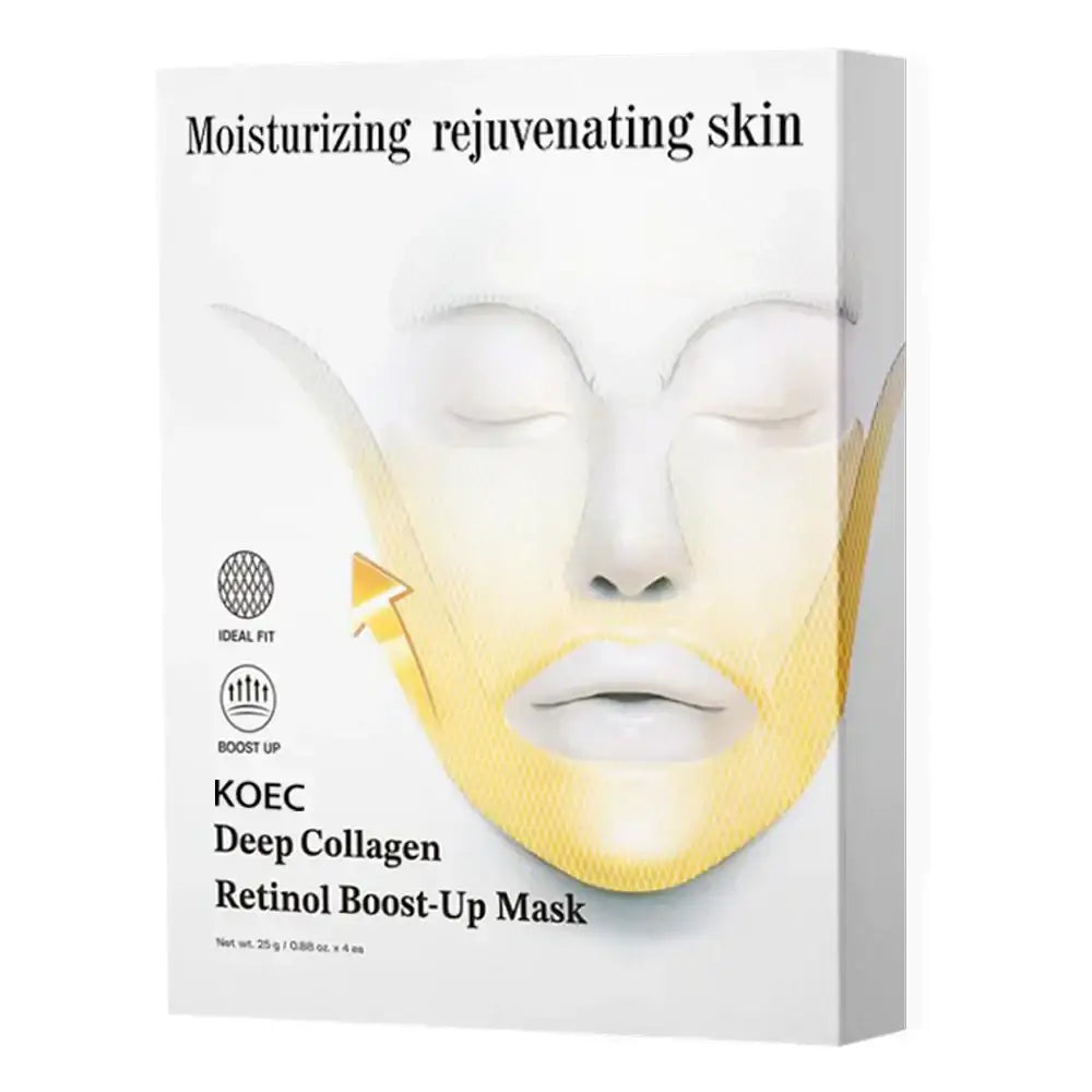 White box packaging for koec deep collagen retinol boost-up mask featuring a golden face mask illustration.