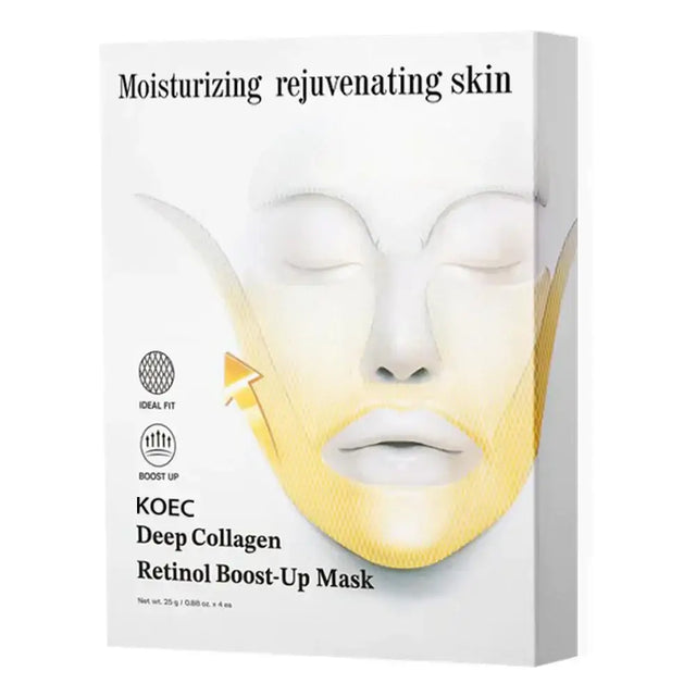 White box packaging for koec deep collagen retinol boost-up mask featuring a golden face mask illustration.