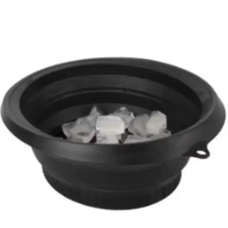 Black collapsible silicone ice bucket with a small loop handle on the side