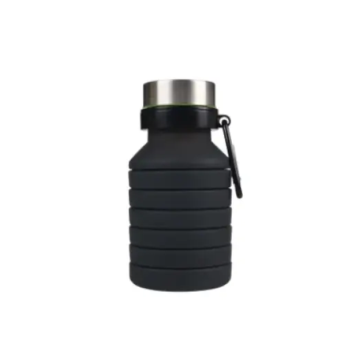 Black collapsible silicone water bottle with a stainless steel lid and black carabiner clip.