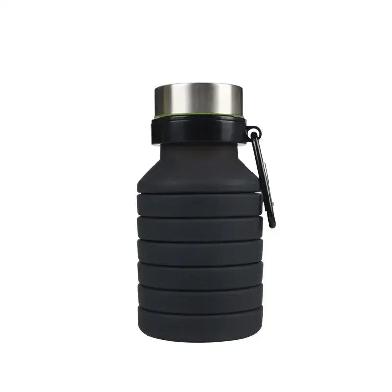 Black collapsible silicone water bottle with a stainless steel lid and black carabiner clip.