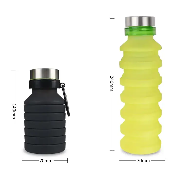 Black and lime green collapsible silicone water bottle with stainless steel lid and carabiner clip.