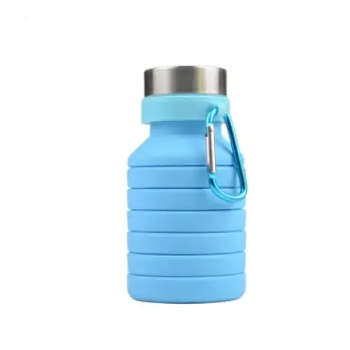 Light blue silicone collapsible water bottle with a stainless steel lid and a matching carabiner clip.