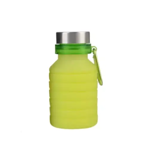A lime green collapsible silicone water bottle with a silver metal lid and a matching green carabiner clip.