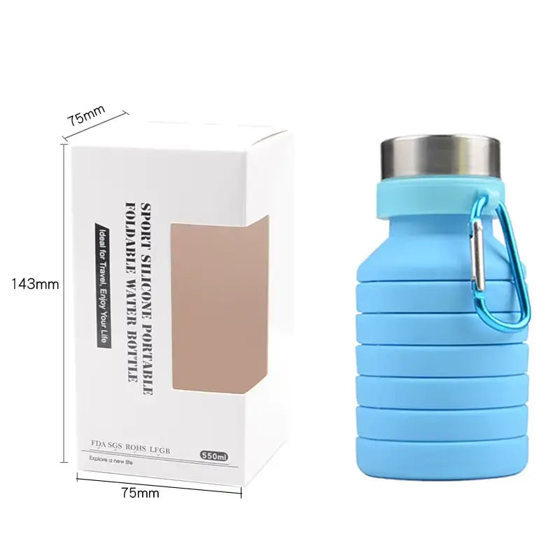 Light blue collapsible silicone water bottle with a silver metal lid and matching carabiner clip.