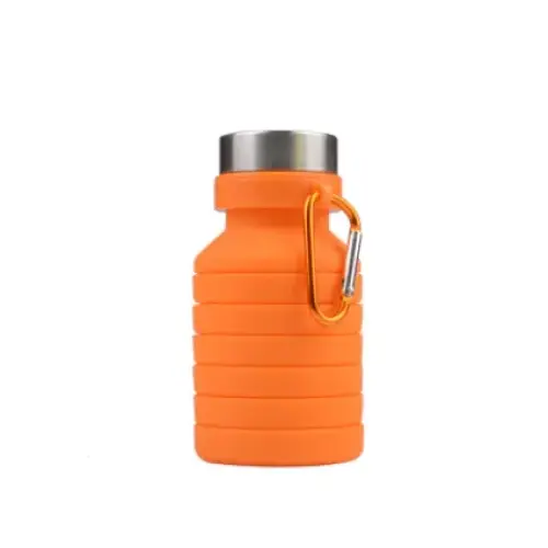 Orange silicone collapsible water bottle with a stainless steel lid and an orange carabiner clip.