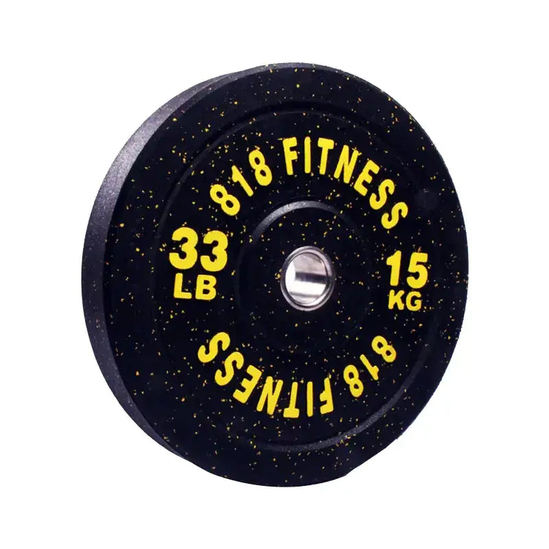 Black rubber weight plate with yellow speckles and bold yellow text reading ’818 fitness 33 lb 15 kg’ around the edge.