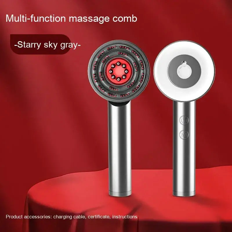Starry sky gray multi-function massage comb with a red illuminated center and silver metallic handle.