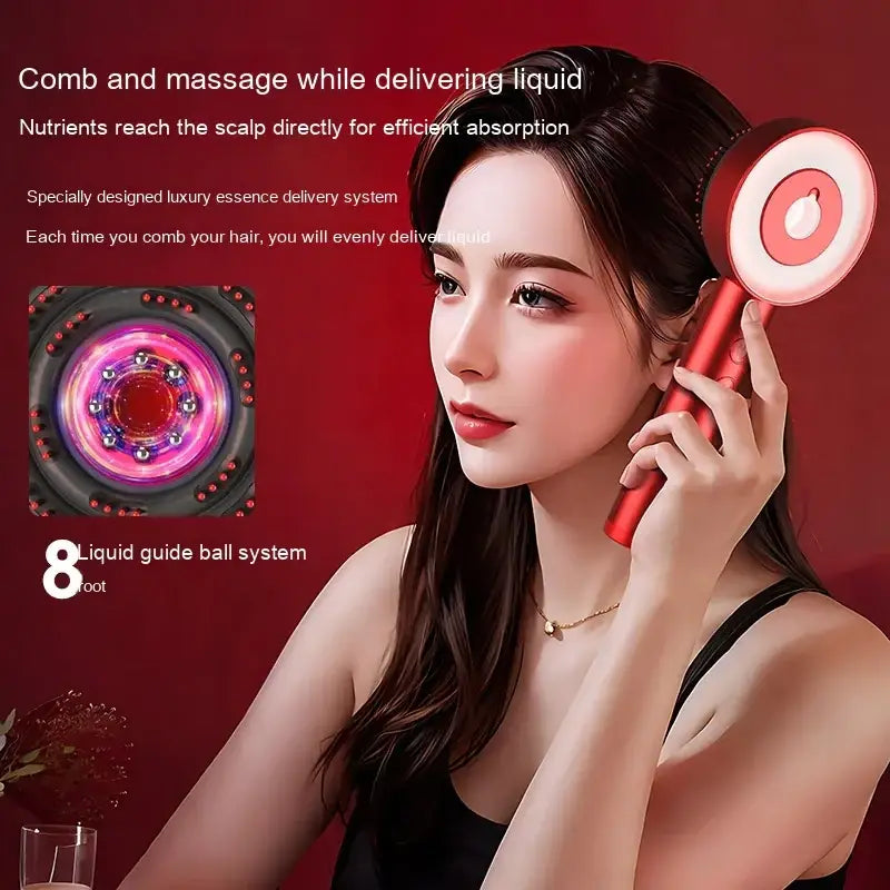 Red handheld hair comb with a circular, illuminated head and massage nodes for liquid delivery.