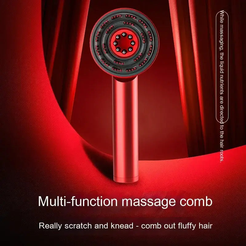 Red multi-function massage comb with a black circular head featuring red led lights and metallic nodes for scalp stimulation.