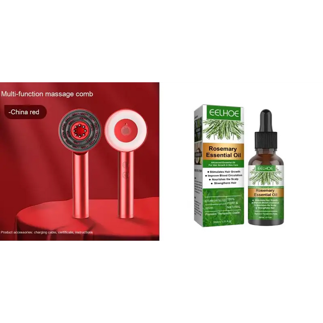 Red multi-function massage comb with a circular head featuring red and black textured nodes.
