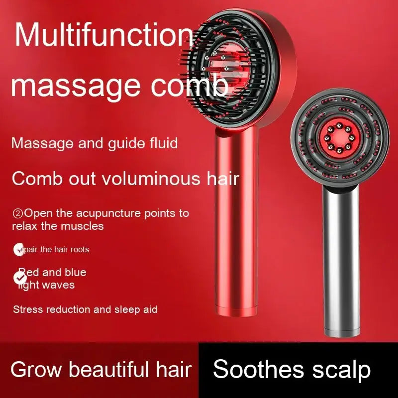 Red and silver multifunction massage comb with embedded red light therapy bulbs for scalp care.