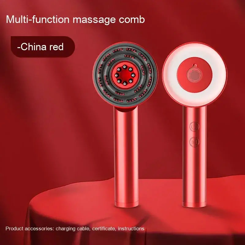 Red multi-function massage comb with a sleek metallic handle and circular head featuring embedded red led lights.
