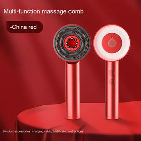 Red multi-function massage comb with a sleek metallic handle and circular head featuring embedded red led lights.