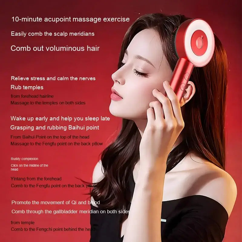 Red and white handheld scalp massager with circular head and ergonomic handle