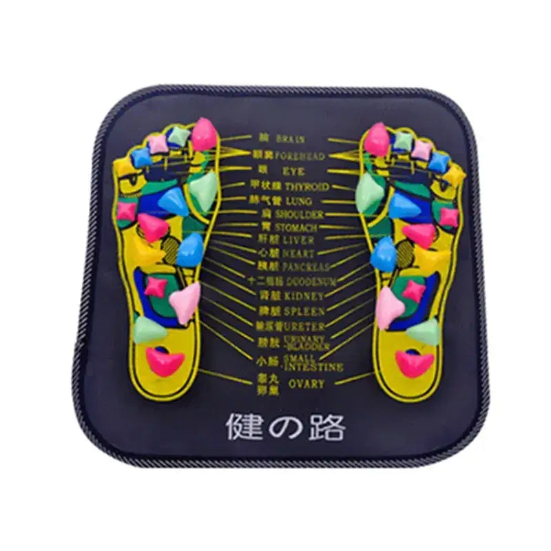 A navy blue foot reflexology mat featuring colorful, raised toe-shaped stimulators in pink, green, and yellow arranged over printed anatomical diagrams.