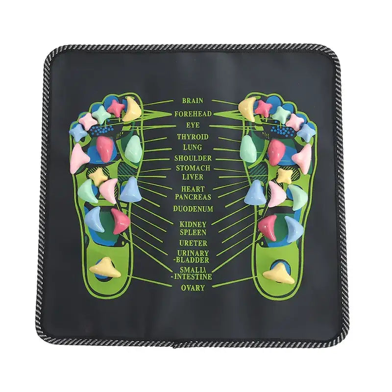 Black foot reflexology mat with colorful, raised silicone toe and heel markers in pink, blue, green, yellow, and light purple.
