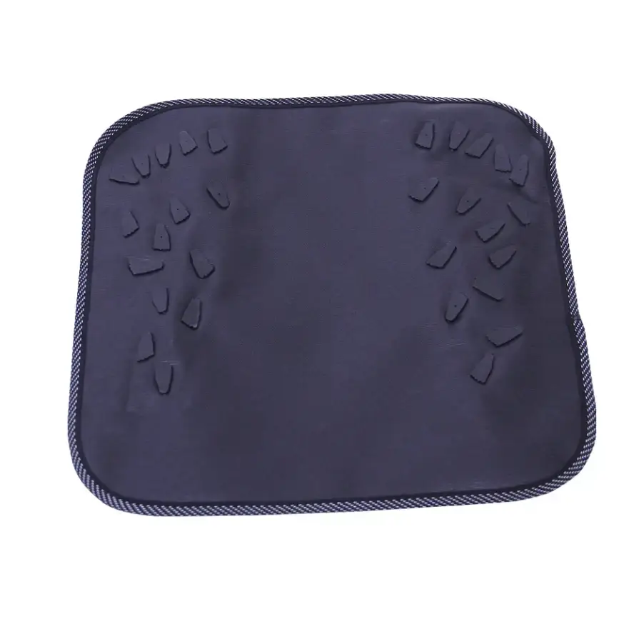 Black rubber mat with textured footprints and stitched edge.