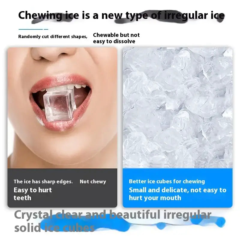 Crystal-clear, irregularly shaped solid ice cubes designed for chewing.