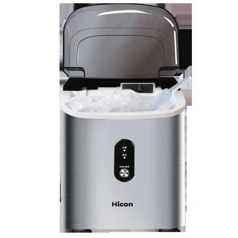 Silver hicon brand countertop ice maker with a sleek, modern design and transparent lid revealing the interior filled with ice cubes.