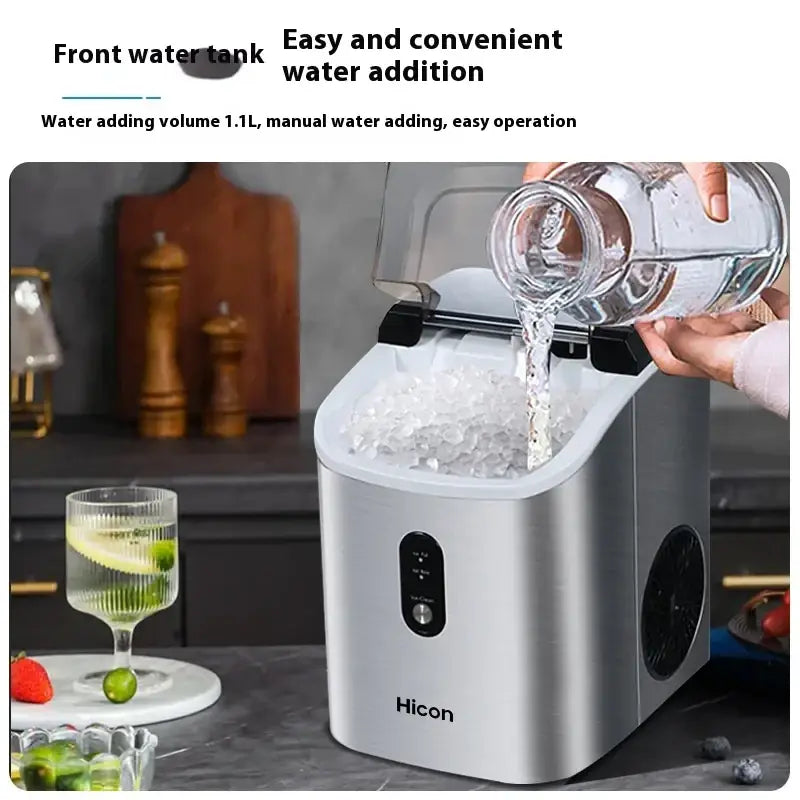 Silver hicon countertop ice maker with front water tank and black control panel