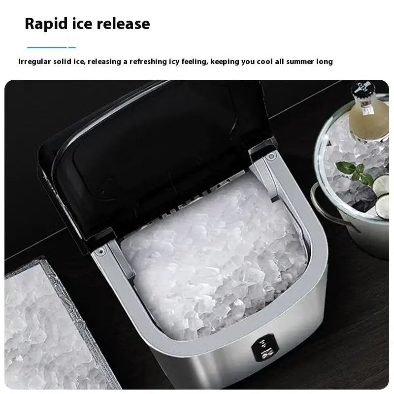 Silver ice maker with black lid, filled with irregular solid white ice cubes.