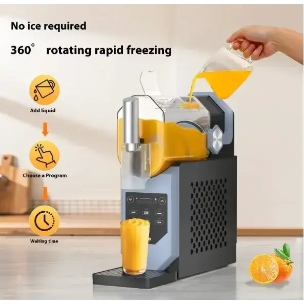 Gray and black countertop freezer with a transparent liquid reservoir, silver spout, digital control panel, and 360° rotating rapid freezing technology.