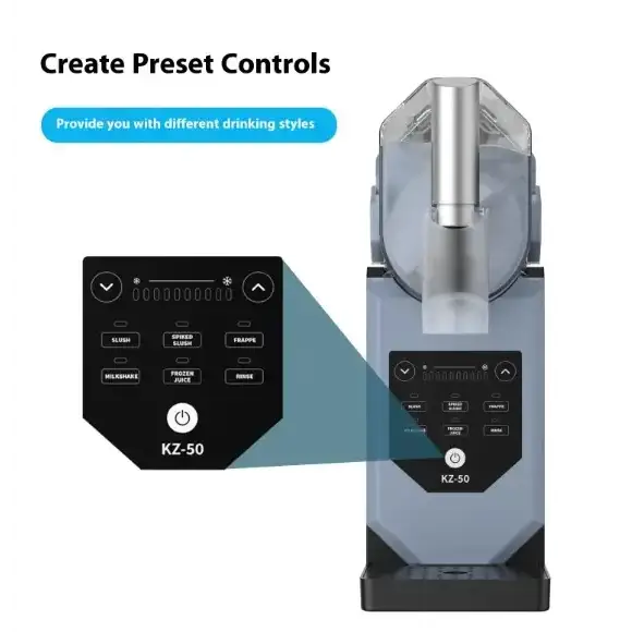 Gray and black kz-50 smoothie machine with a transparent top chamber, silver metallic spout, and digital control panel featuring preset drink options.
