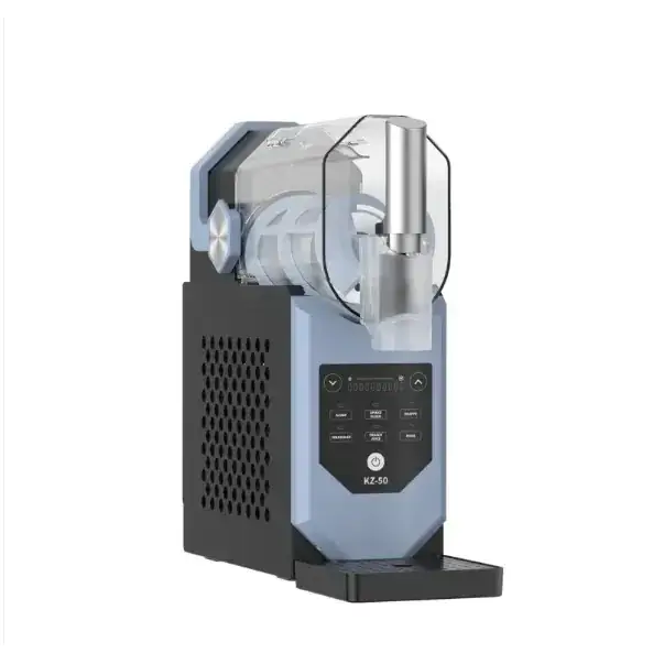 Modern light blue and black countertop ice cream maker with a transparent lid, silver metallic nozzle, and digital control panel.