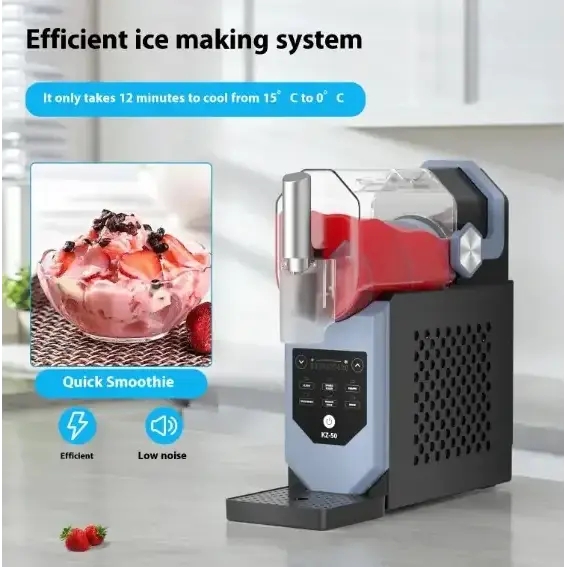Red and gray countertop ice maker with a transparent lid, digital control panel, and perforated side vents.