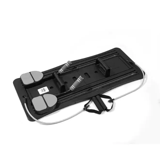 Black plastic exercise board with gray foot pedals and adjustable resistance handles.