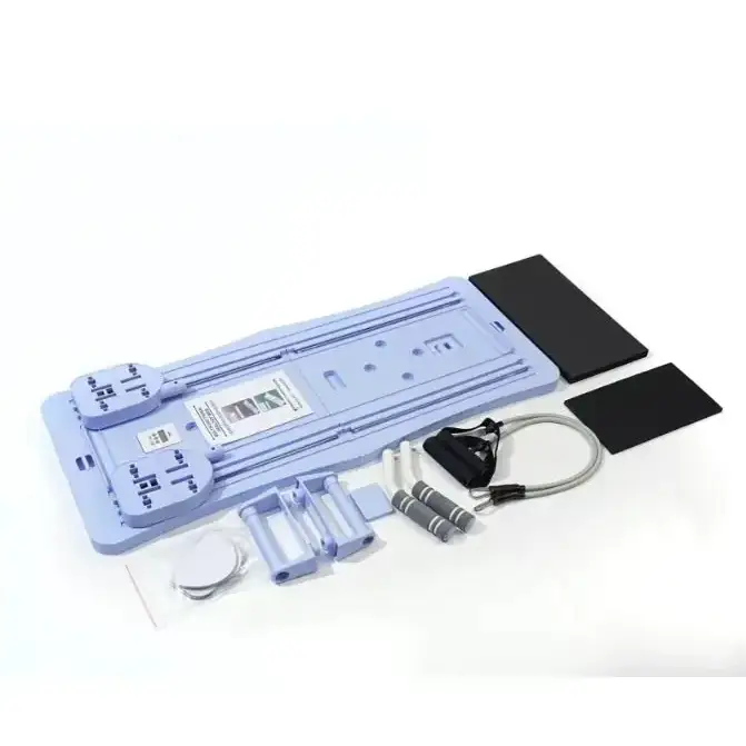Light blue plastic resistance training mat with black grip pads and adjustable handles.