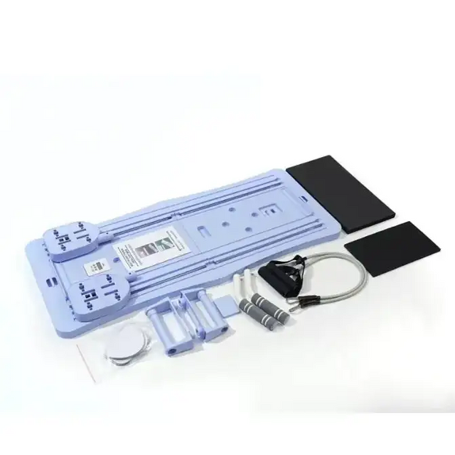 Light blue plastic resistance training mat with black grip pads and adjustable handles.
