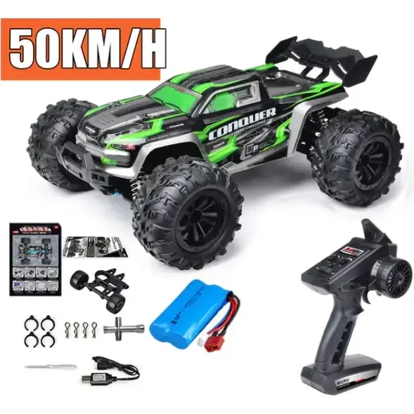 Green and black remote-controlled off-road truck with rugged tires and a ’conquer’ logo on the side.