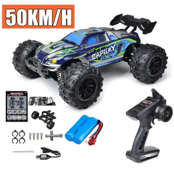 Blue and green rapidly branded remote-controlled monster truck with black tires and a large rear spoiler.