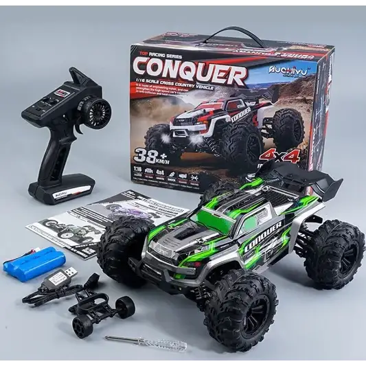 Green and black 1/16 scale rc off-road truck with rugged tires, detailed bodywork, and a ’conquer’ logo on the side.