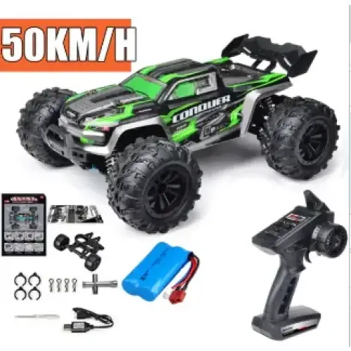 Green and black remote-controlled off-road truck with rugged tires and a detailed body design.