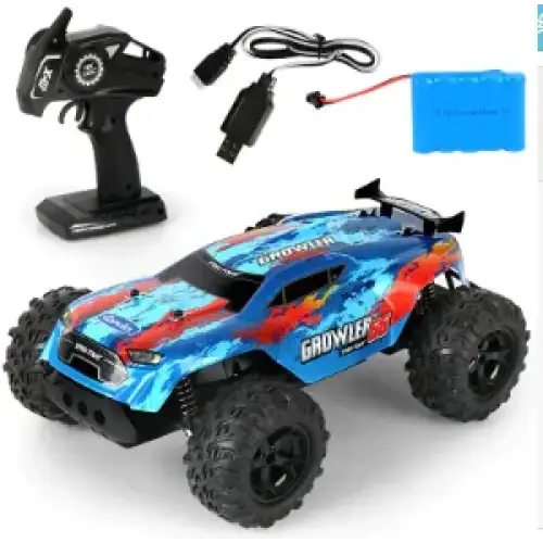 Blue and red camouflage-patterned remote-controlled off-road truck with black tires.