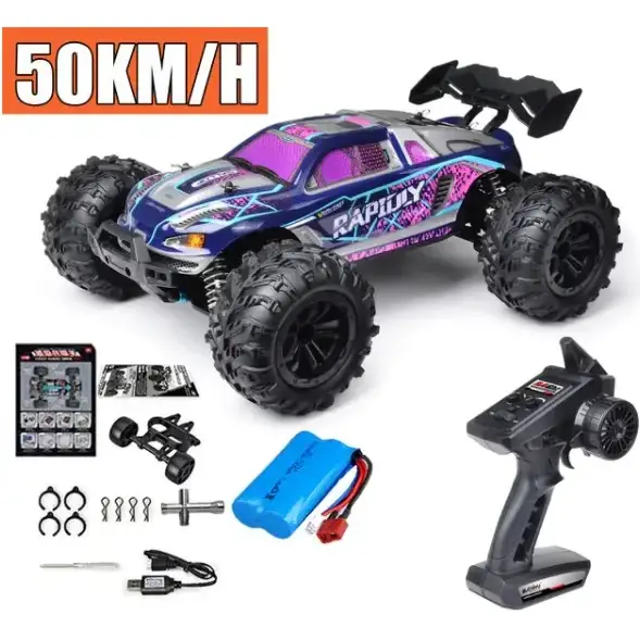 Purple and blue remote-controlled monster truck with black tires and a sleek, aggressive design.