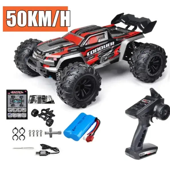 Red and black remote-controlled off-road truck with rugged tires, detailed bodywork featuring ’conquer’ branding.