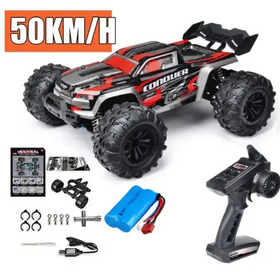 Red and black remote-controlled off-road truck with rugged tires, detailed bodywork featuring ’conquer’ branding.