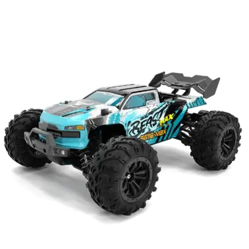 Teal and black remote-controlled off-road truck with rugged tires and a bold ’beast max’ graphic design.