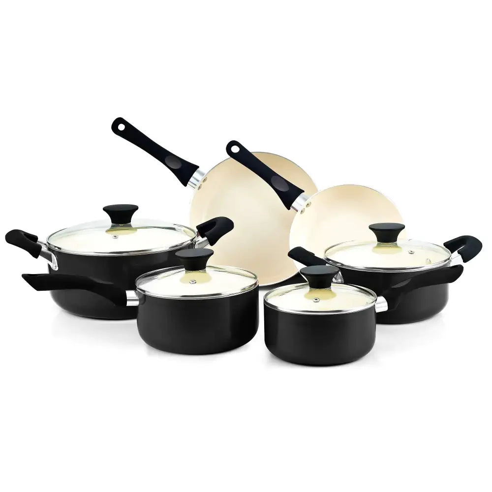 Black and cream-colored nonstick cookware set with glass lids.